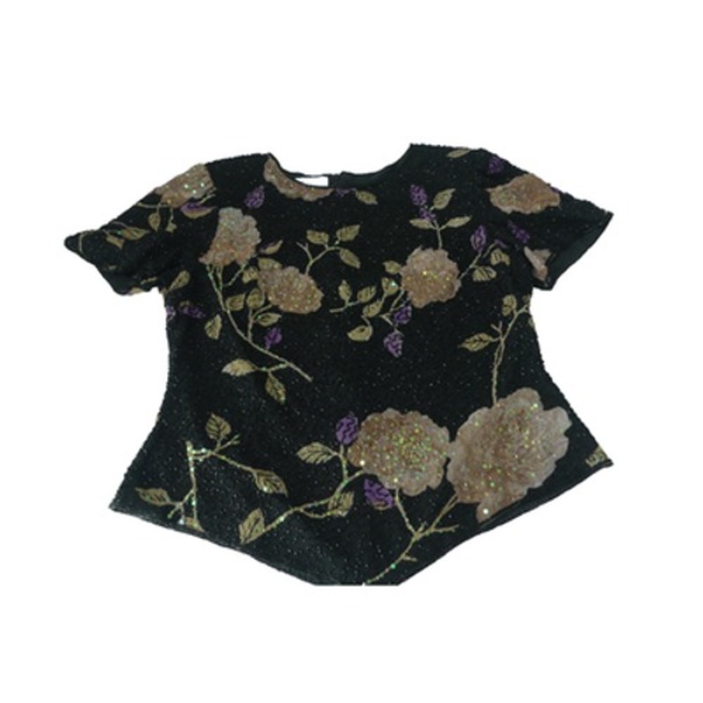 Sean Collection Silk Beaded Floral Top Black Gold Purple Sequin Evening Blouse L